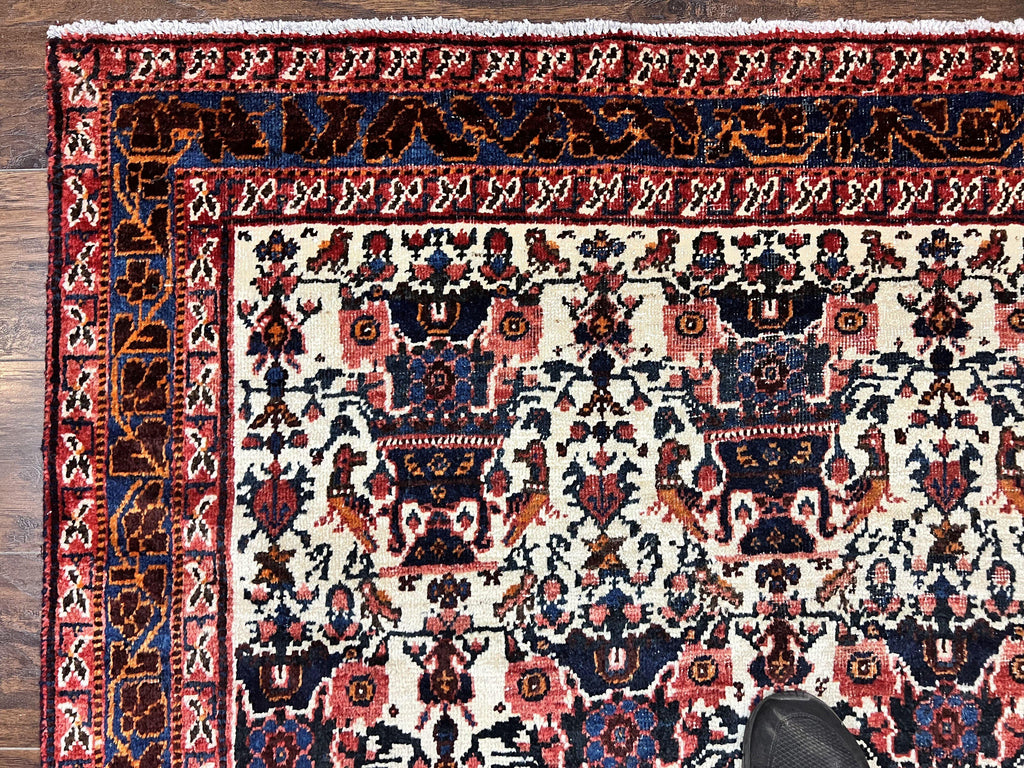 Persian Afshar Rug 6x8, Wool Hand Knotted Semi Antique Vintage Carpet, Floral Allover, Repeated Birds Flowers Vases Motifs