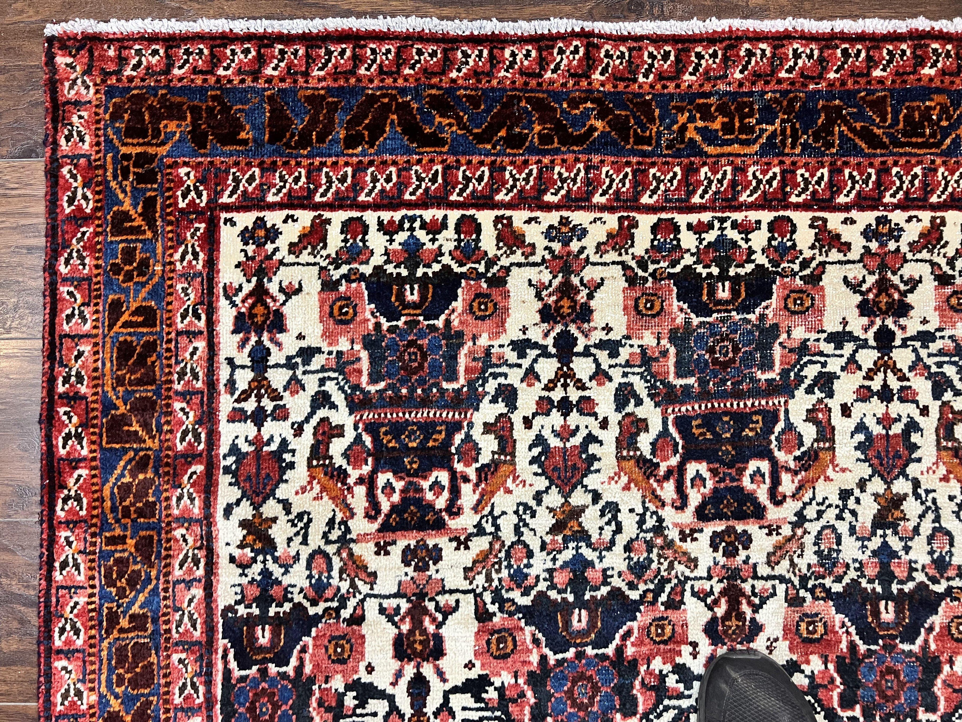 Persian Afshar Rug 6x8, Wool Hand Knotted Semi Antique Vintage Carpet, Floral Allover, Repeated Birds Flowers Vases Motifs