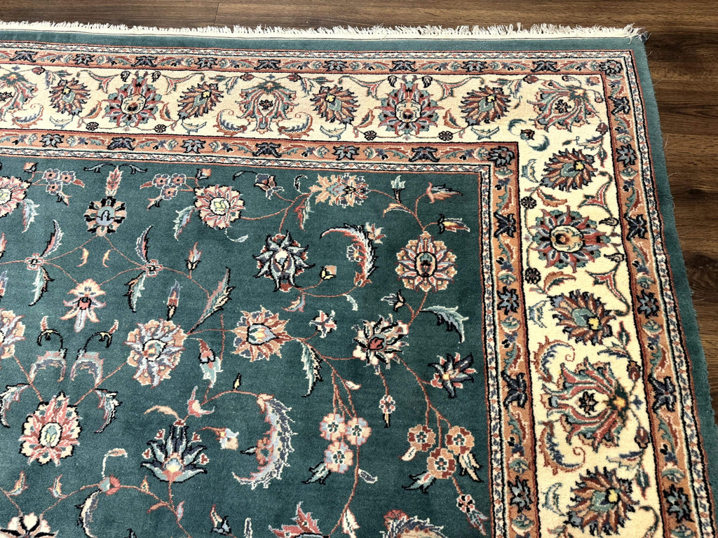 Indo Persian Rug 8x10, Green and Beige Oriental Carpet, Traditional Wool Area Rug, Floral Allover Pattern