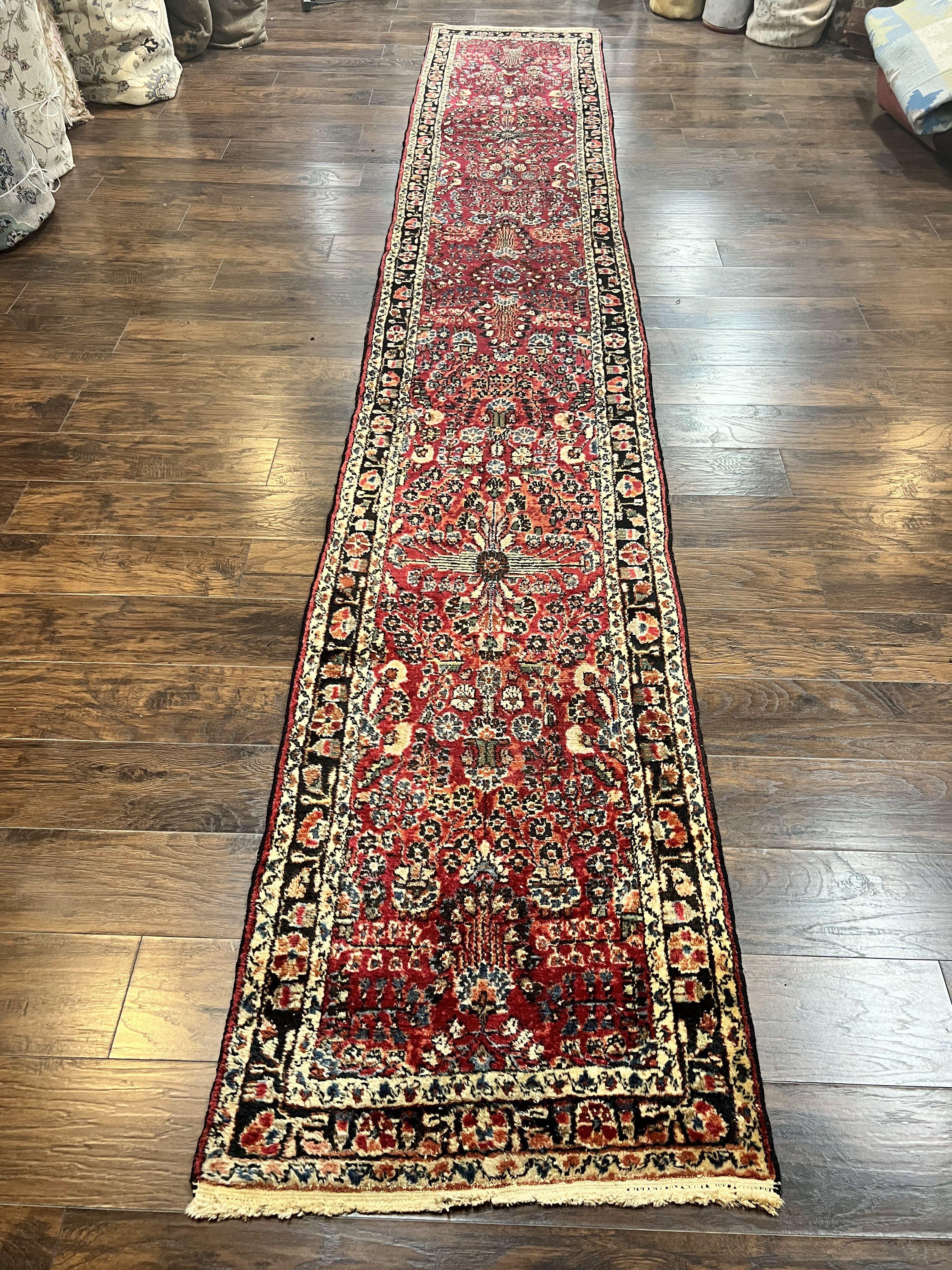 Antique Persian Runner Rug 2.9 x 17, Rare Sarouk Runner, Handmade Wool Rug for Hallway, Red, Floral