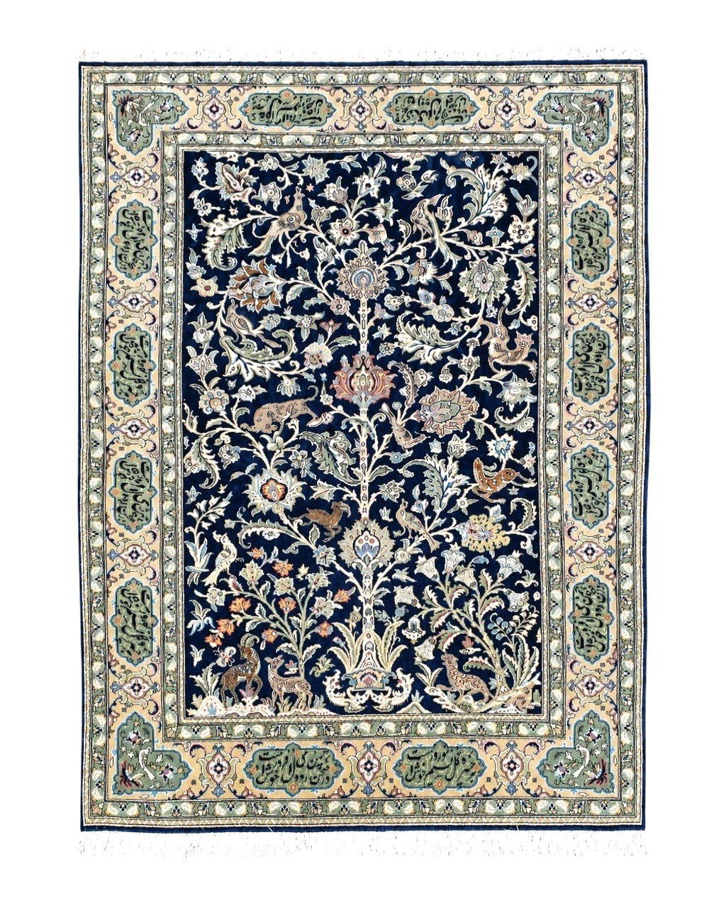 Semi Antique Persian Qum Tree of Life Rug, Hand-Knotted, Wool, Midnight Blue and Tan, Animal Pictorials, Written Poem in Borders, 4' 8" x 7' 8"