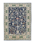 Semi Antique Persian Qum Tree of Life Rug, Hand-Knotted, Wool, Midnight Blue and Tan, Animal Pictorials, Written Poem in Borders, 4' 8" x 7' 8"