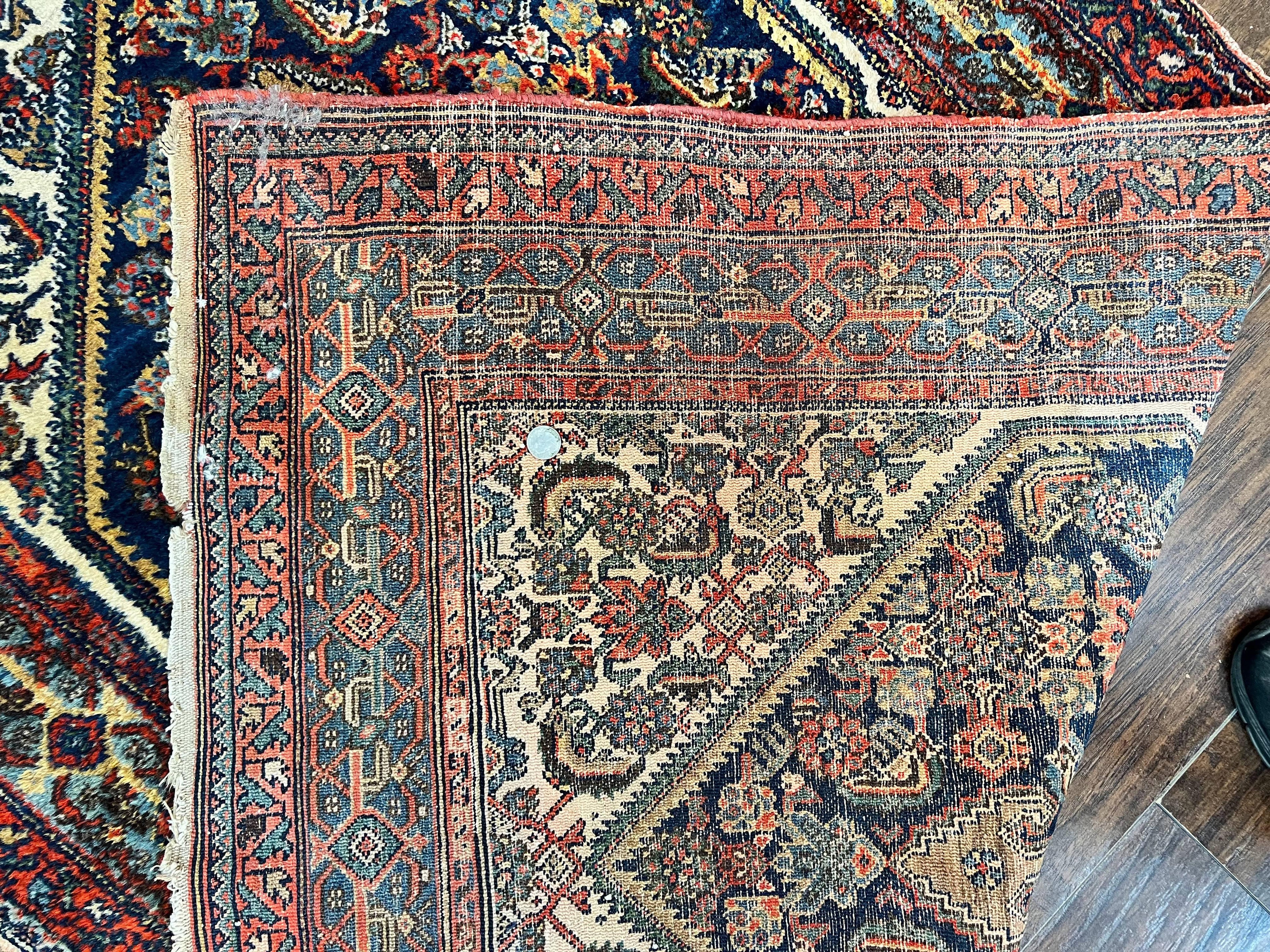 Antique Persian Runner Rug 3.7 x 15.8, Navy Blue Multicolor, Hand Knotted Handmade Wool Rug for Hallway, Geometric Medallions, Persian Hamadan Rug