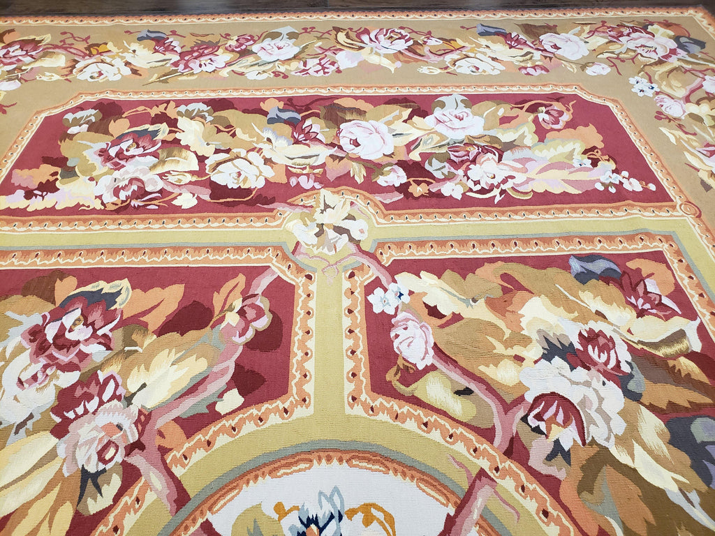 Vintage Chinese Aubusson Savonnerie Flat Pile Rug 9.9 x 14.5 Wool Handwoven Red & Khaki Large Flowers Rug 9x14 - 10x15 Michaelian Kolhberg
