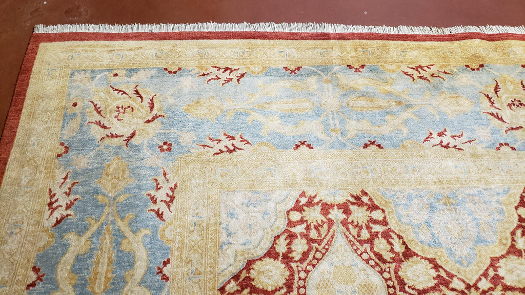 9x12 Peshawar Rug Pakistani Oriental Carpet Sky Blue and Red Wool Vintage Master Bedroom Rug Hand-Knotted Living Room Rug Dining Room Rug