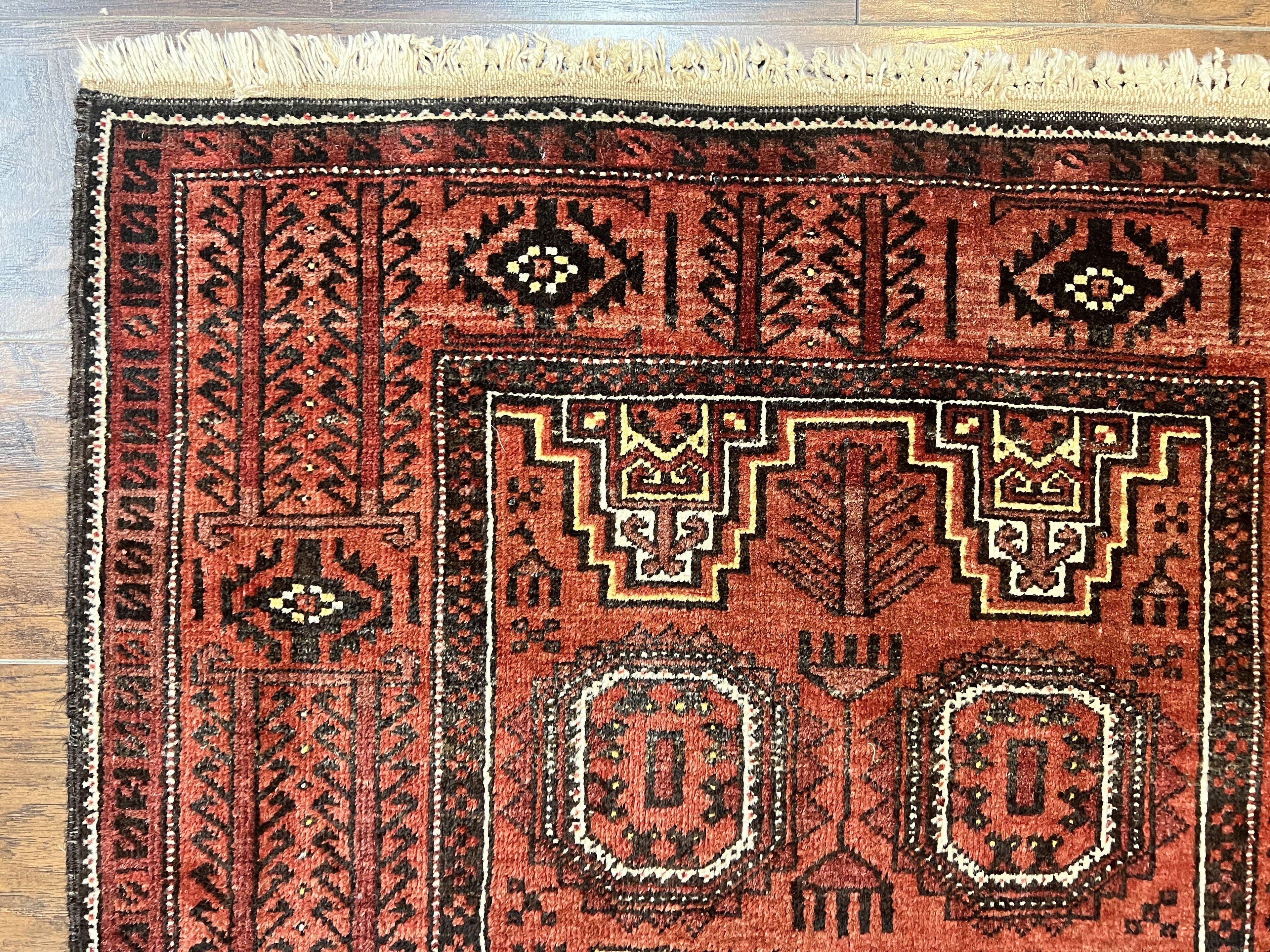 Antique Persian Turkoman Rug 3x6, Wool Tribal Handmade Carpet, Red and Black