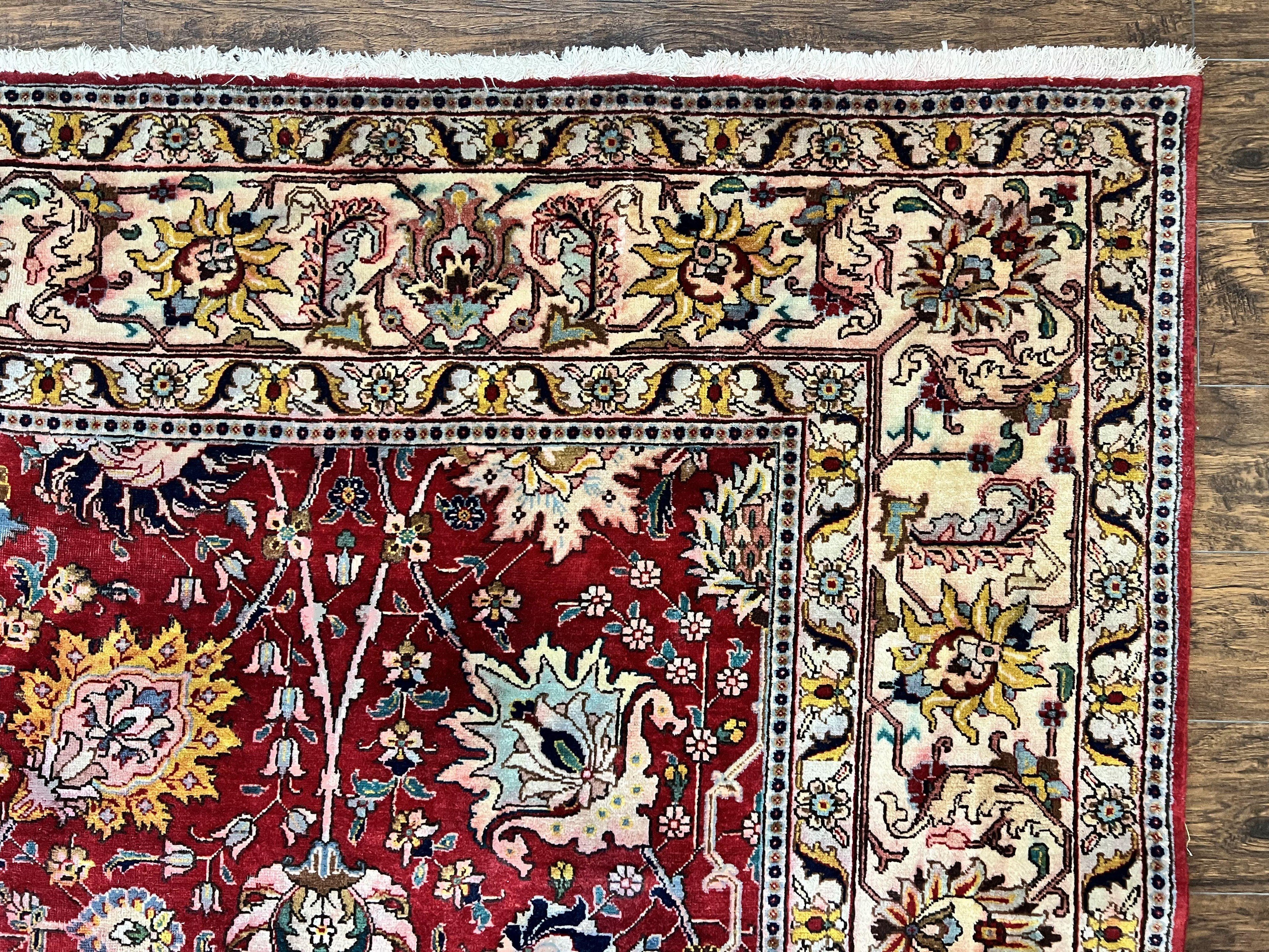 Persian Tabriz Rug 10x12, Floral Allover, Handmade Vintage Wool Carpet, Red and Cream