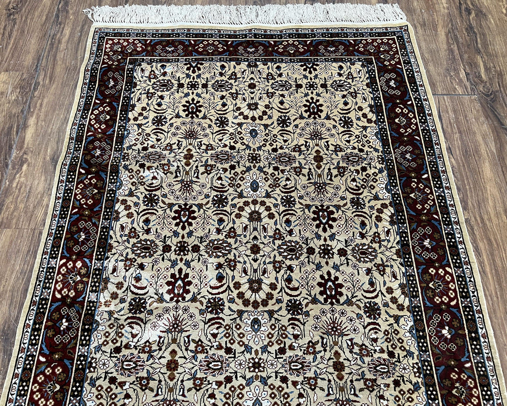 Fine Sino-Persian Silk Rug 3x5, High Quality Silk Carpet, Handmade Small Silk Rug, Allover Repeated Motif, Tan Maroon Blue Vintage Silk Rug