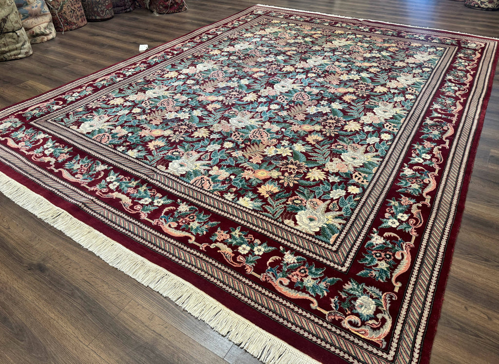 Pakistani Rug 9x12 William Morris Maroon Vintage Floral Wool