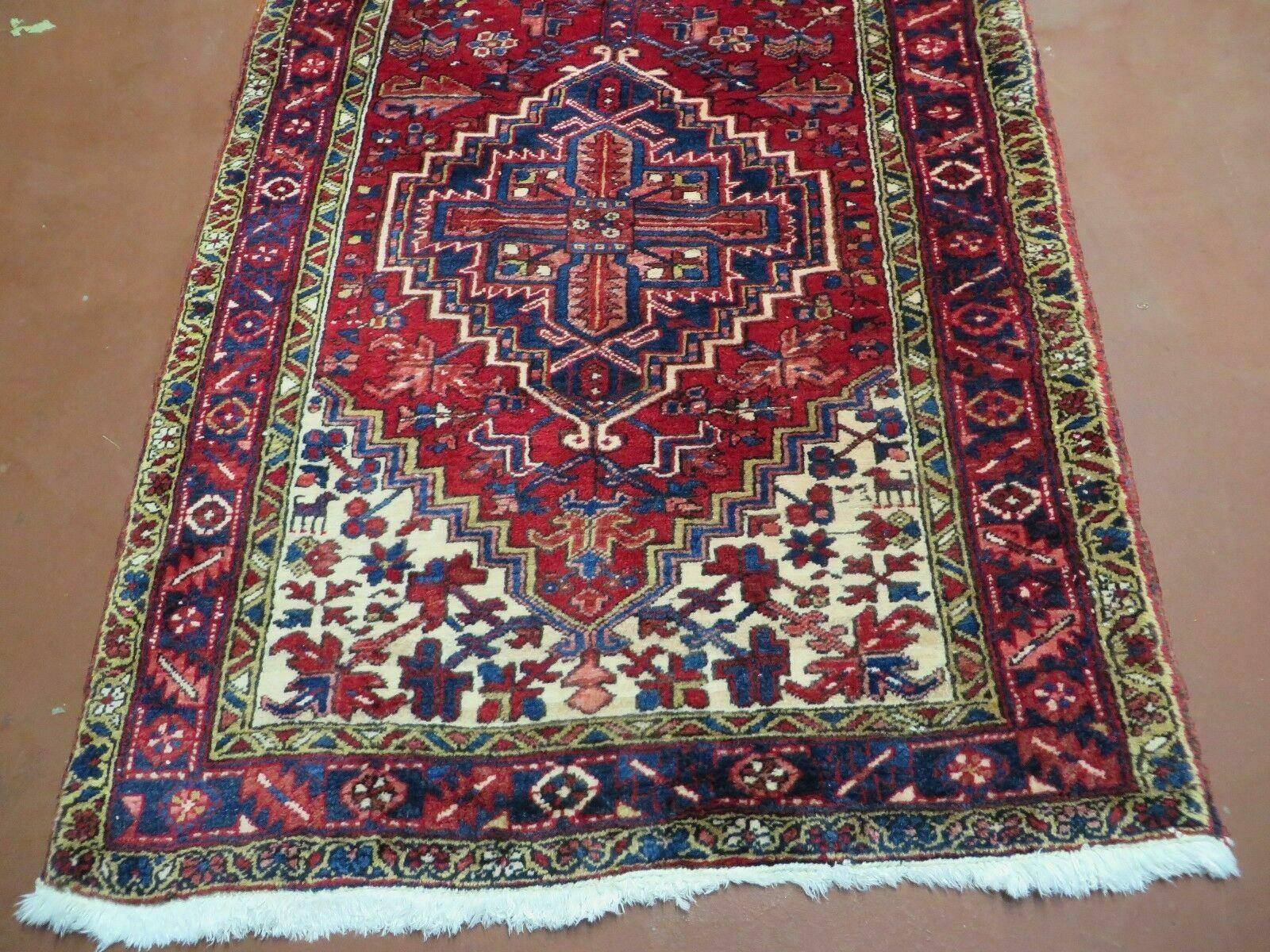 Persian Runner Rug, Heriz Runner Rug, Geometric Medallions, Red Cream Navy Blue Wool Hallway Rug 3.9 x 10.8 Antique Oriental Runner Handmade