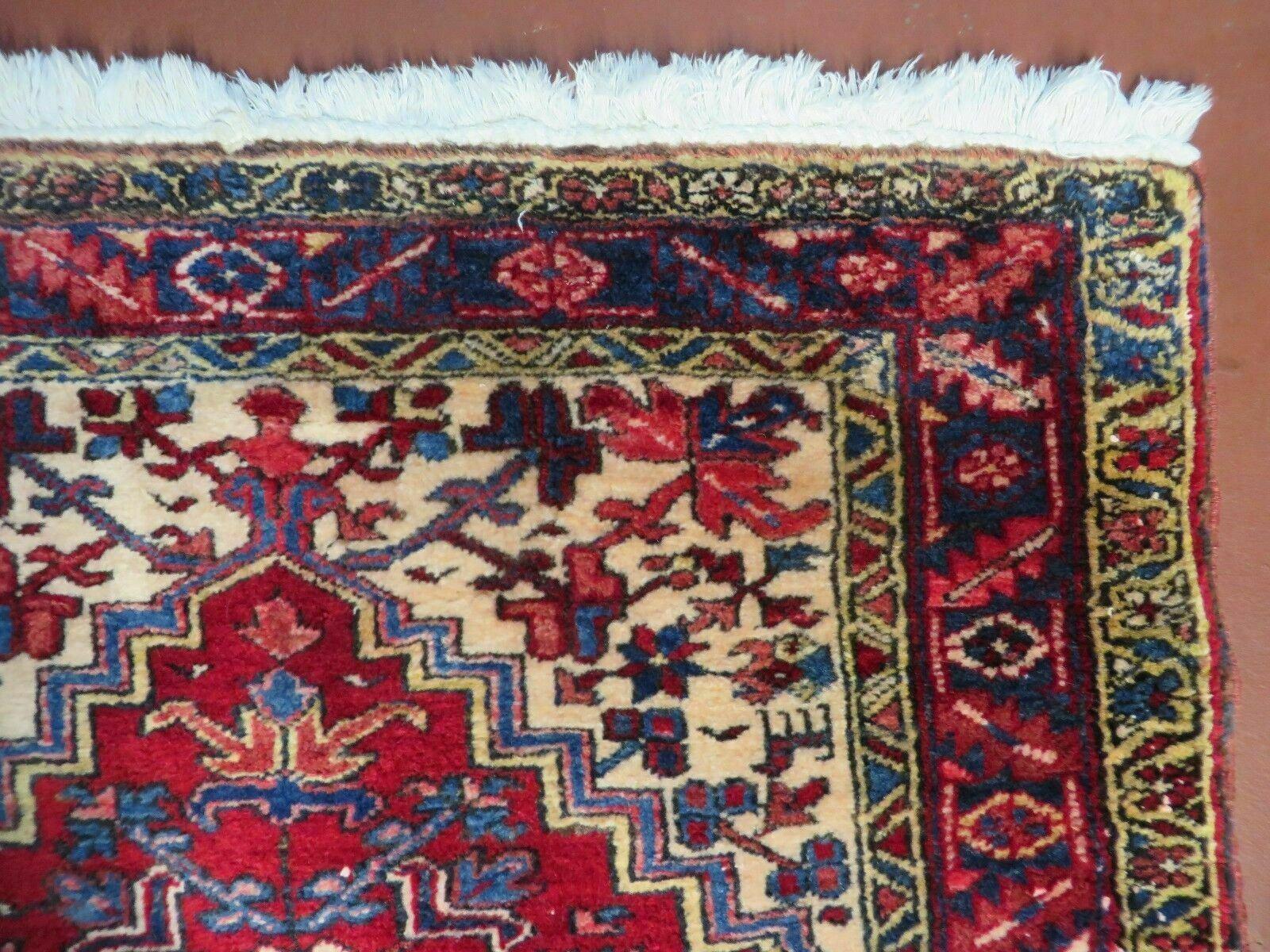 Persian Runner Rug, Heriz Runner Rug, Geometric Medallions, Red Cream Navy Blue Wool Hallway Rug 3.9 x 10.8 Antique Oriental Runner Handmade