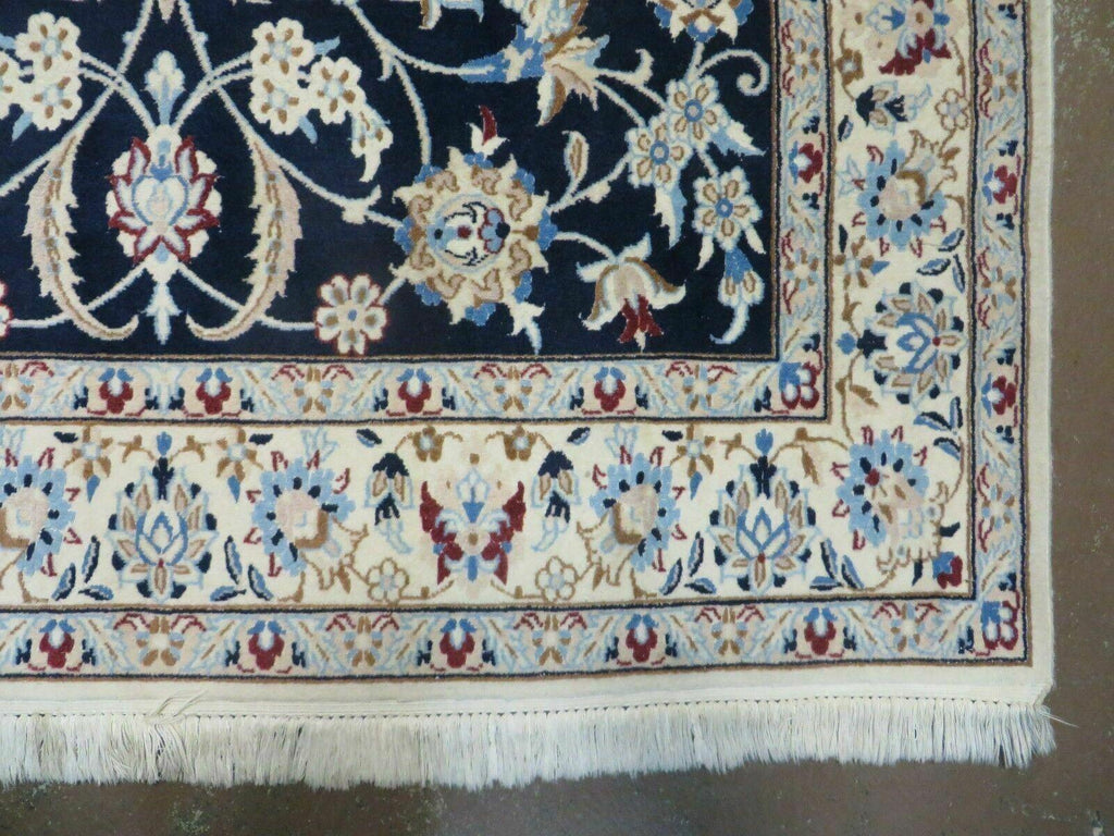 Persian Nain Rug 4x7, Navy Blue and Ivory, Handmade, Wool & Silk Highlights, Fine Oriental Rug, Vintage