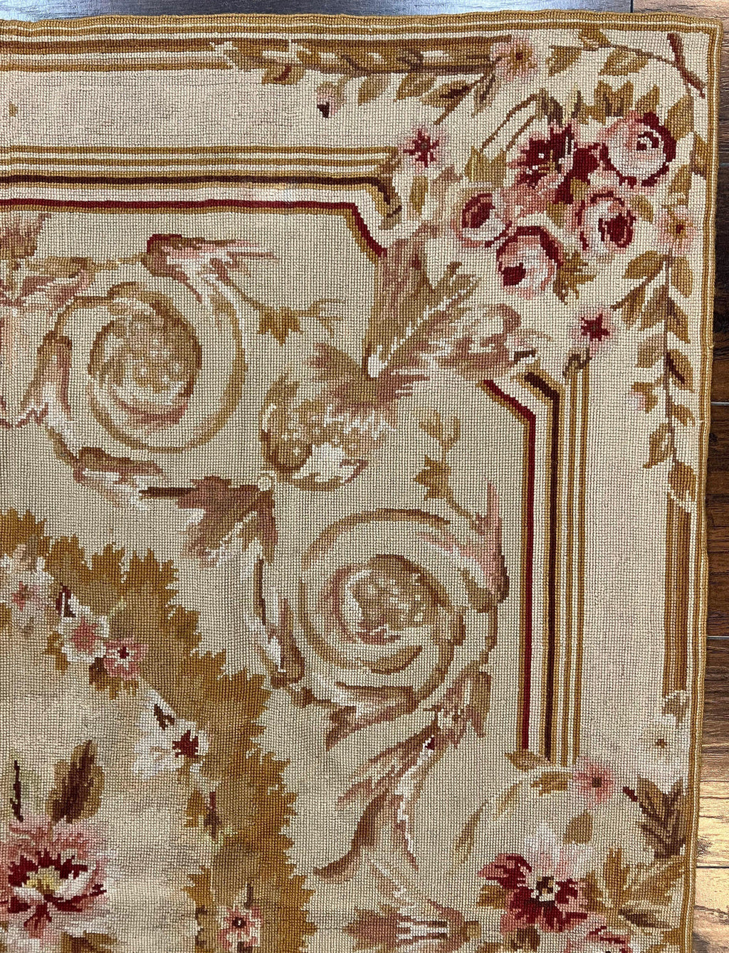 Aubusson Needlepoint Rug 4x5 ft, Beige and Tan, Aubusson Savonnerie Vintage Carpet, Handwoven Handmade Wool Rug, European Design Floral Rose