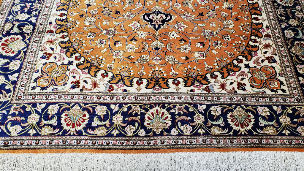 Vintage Persian Qum Silk Rug 4.6 x 6.7, Burnt Orange and Navy Blue, Antique Oriental Very Fine Signature Master Weaver 350+ KPSI Ghom Qom 5x7 Rug