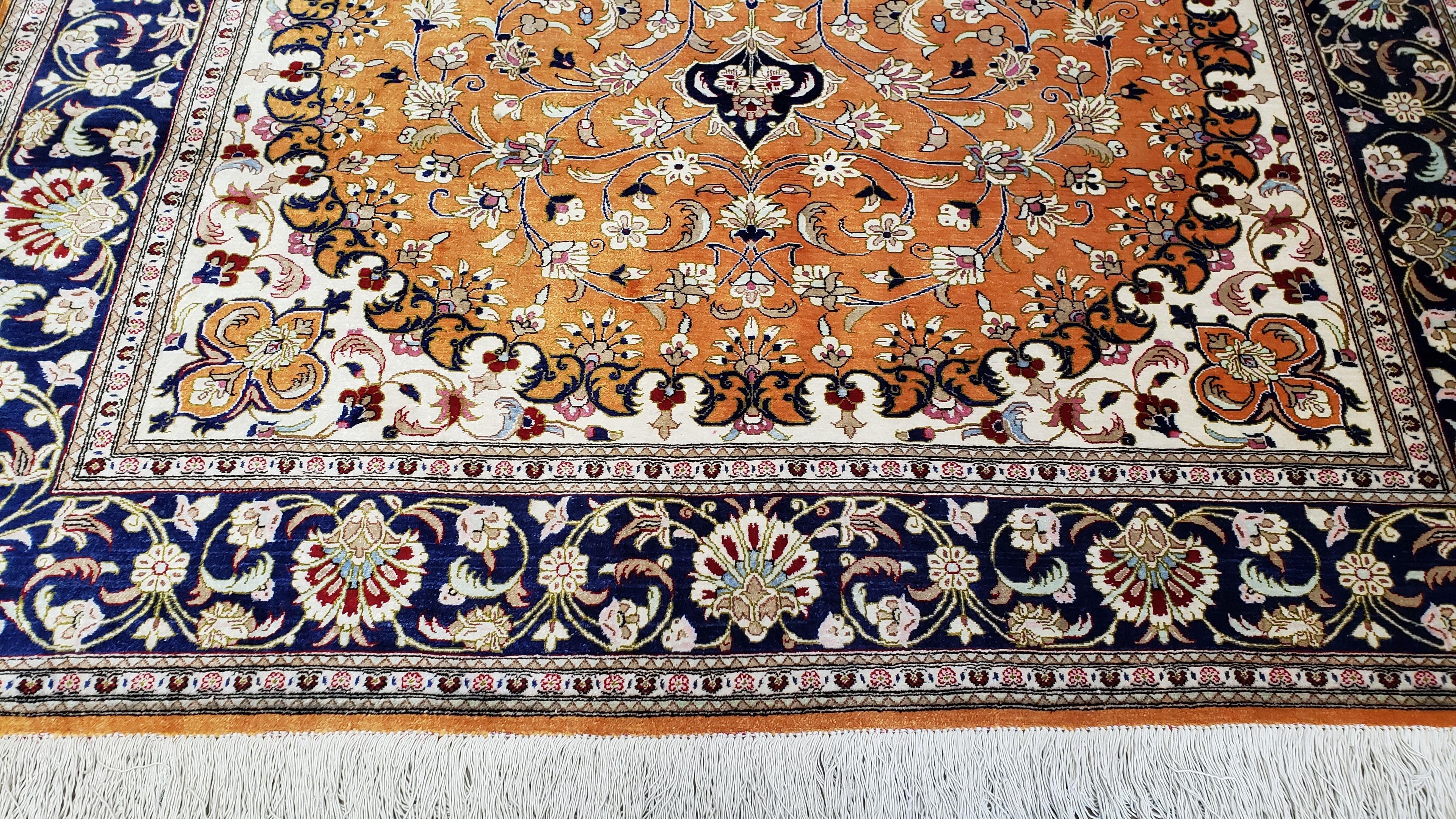 Vintage Persian Qum Silk Rug 4.6 x 6.7, Burnt Orange and Navy Blue, Antique Oriental Very Fine Signature Master Weaver 350+ KPSI Ghom Qom 5x7 Rug