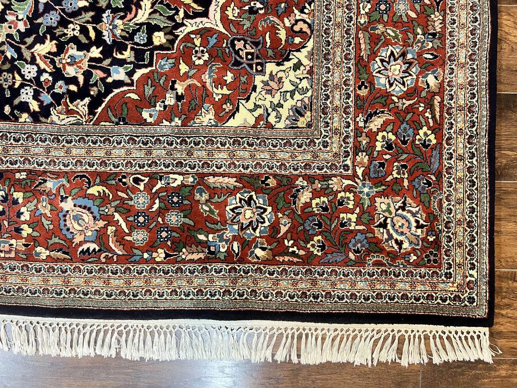 Indo Persian Rug 8x10, Floral Medallion, Vintage Handmade Wool Carpet, Navy Blue and Red, Fine 300 KPSI
