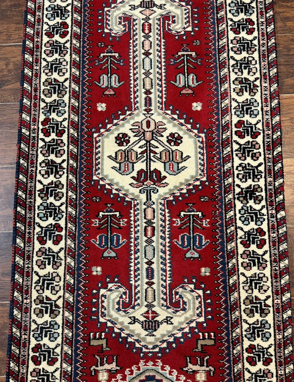 Indo Persian Runner Rug 2.6 x 12, Heriz Geometric Caucasian Design, Animal Pictorials, Tribal Runner Rug, Vintage Handmade Wool Red
