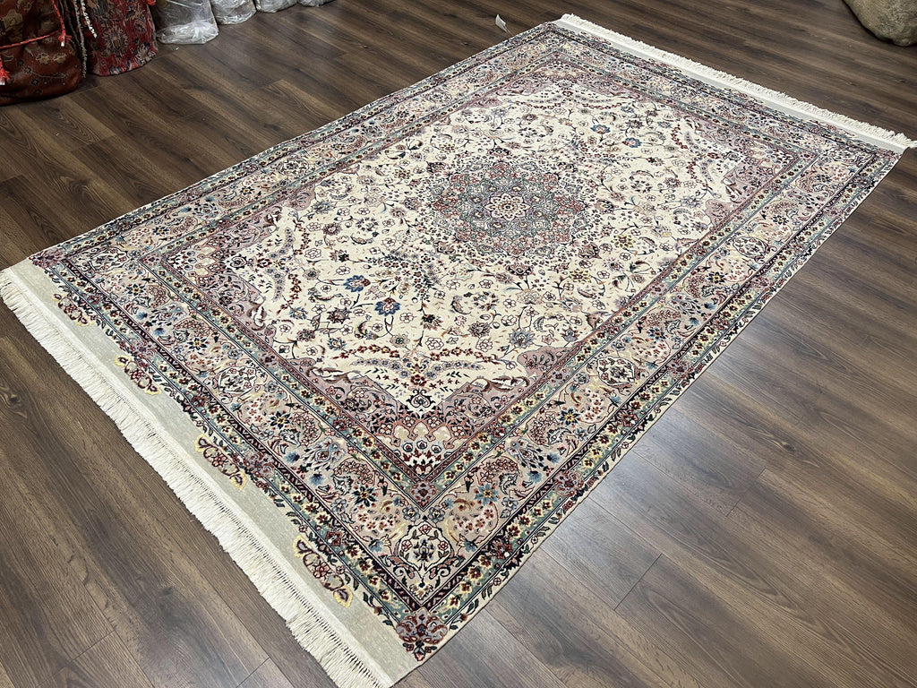 Beautiful Pak Persian Rug 6x9, Floral Medallion, Wool and Silk, Highly Detailed Elegant Carpet, Vintage Oriental Rug 6 x 9, Cream and Gray