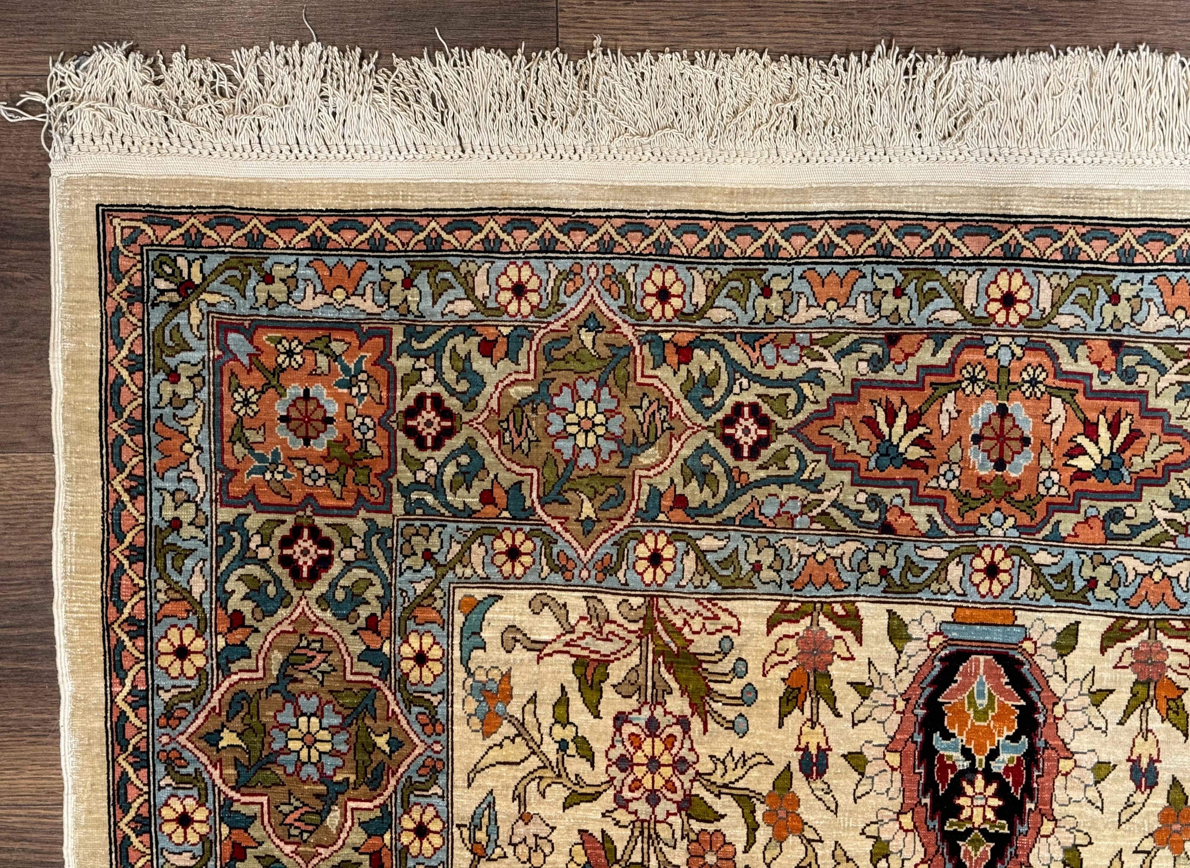 Rare Turkish Hereke Silk Rug 3x5, Tree of Life Persian Vase Design, Very Fine 440 KPSI, Signed