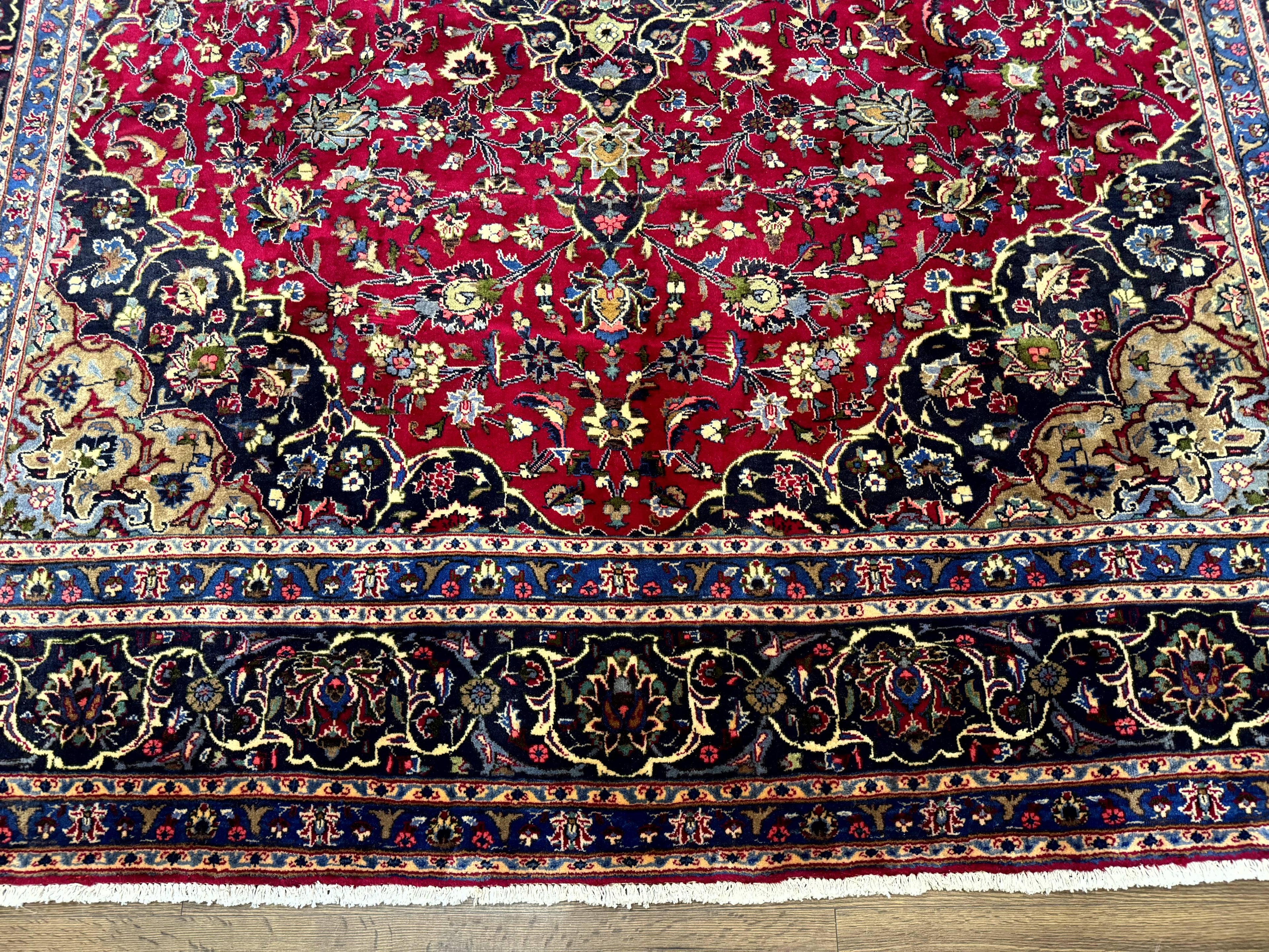 Traditional Persian Rug 8x11, Red Navy Blue, Floral Medallion, Antique Persian Mashad Carpet, Wool