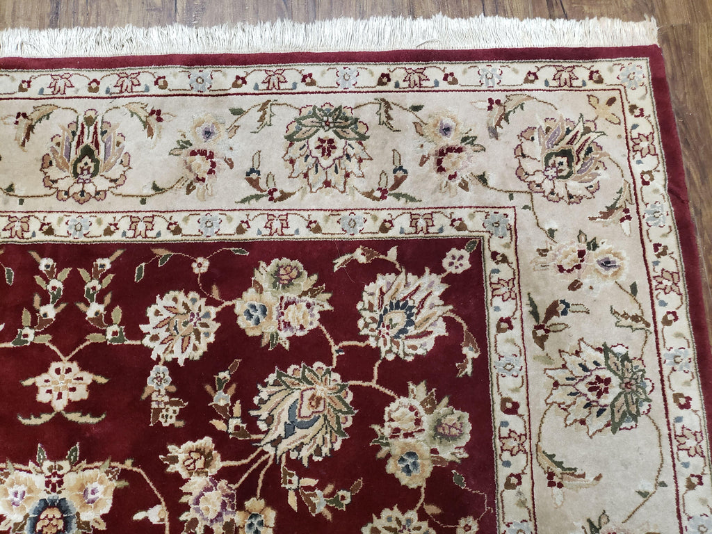 Vintage Traditional Oriental Area Rug, Hand-Knotted, Wool & Silk Accents, Maroon Red and Beige, 6x9 Carpet, 5' 9" x 9'