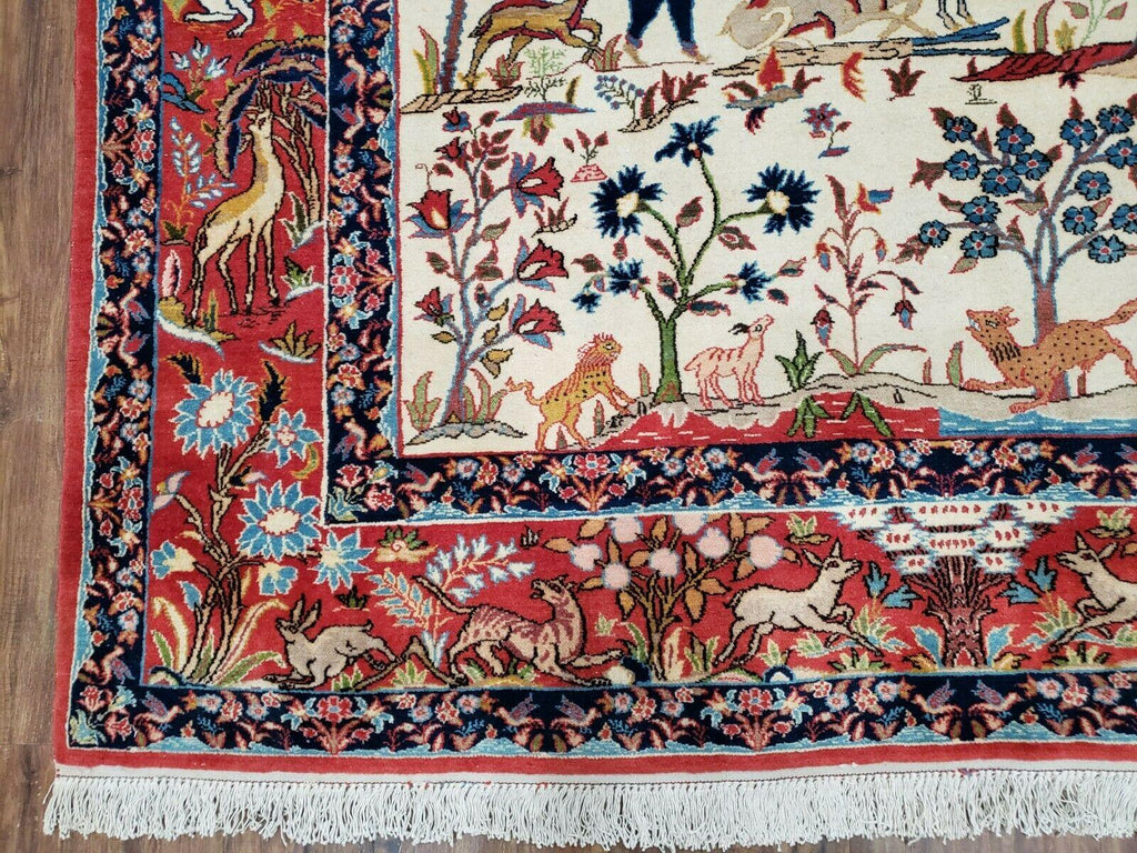 Antique Persian Isfahan Rug 5x7, Animal and Human Pictorials, Hand Knotted Fine Oriental Wool Carpet, Cream and Red, High KPSI, Vintage Rug 5 x 7 ft