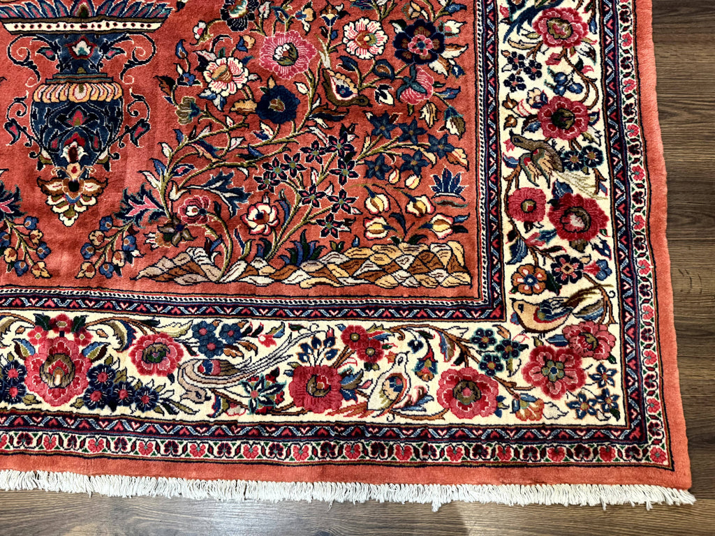 Persian Sarouk Rug 7x10, Red and Ivory, Floral Bouquets, Birds