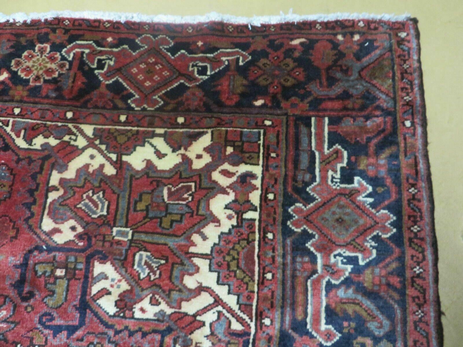 Persian Rug 8x11 Room Sized Heriz Carpet, Hand Knotted Wool Rug, Vintage Semi Antique, Geometric Medallion, Wine Red Cream Dark Blue, Wow