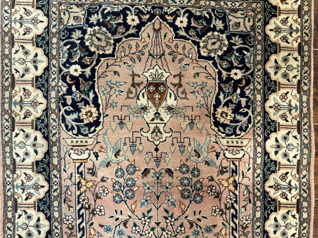 Small Tree of Life Prayer Rug, Pak Persian Rug 2.7 x 4, , Birds, Lantern, Handmade Vintage Fine 260 KPSI