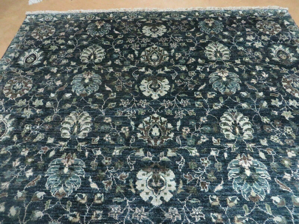 5' 6" X 8' Vintage Handmade Pakistani Floral Oriental Wool Rug Black Dark Grey