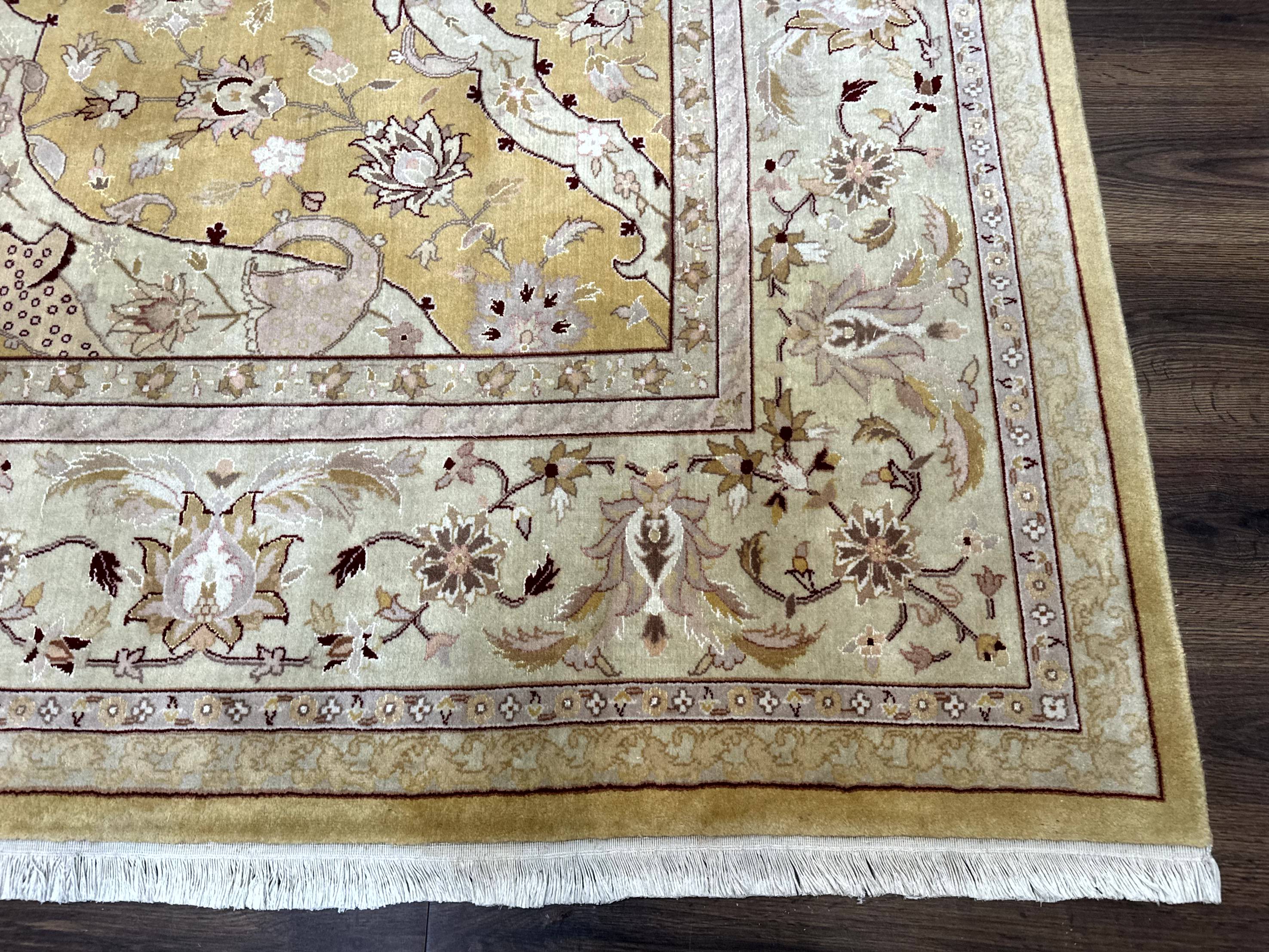 Sino Persian Rug 8x11, Wool with Silk Highlights, Unique Colors, Gold and Light Green, Fine 240 KPSI