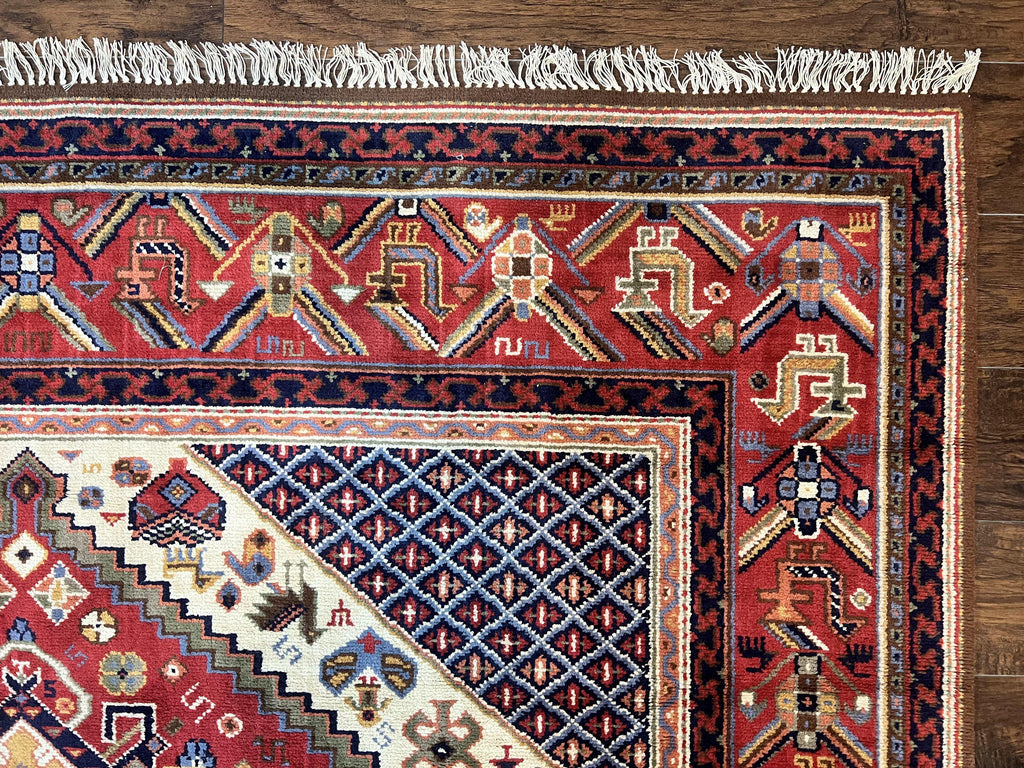 Belgium Power Loomed Rug 8x12, Geometric Medallions Persian Tribal Pattern, Vintage Wool Carpet, Ivory Red Blue