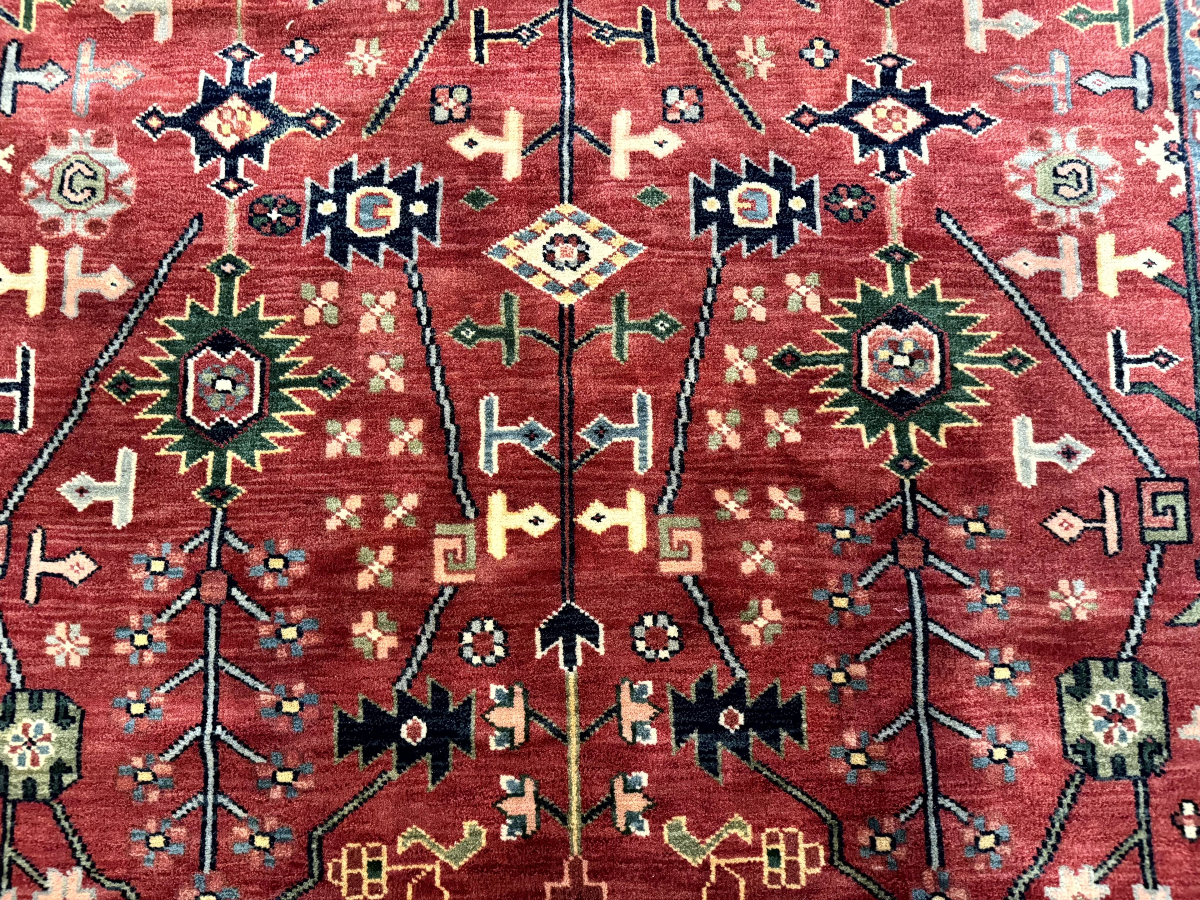 Indo Persian Heriz Serapi Rug 6x8, Rust Red and Navy Blue, Allover Pattern