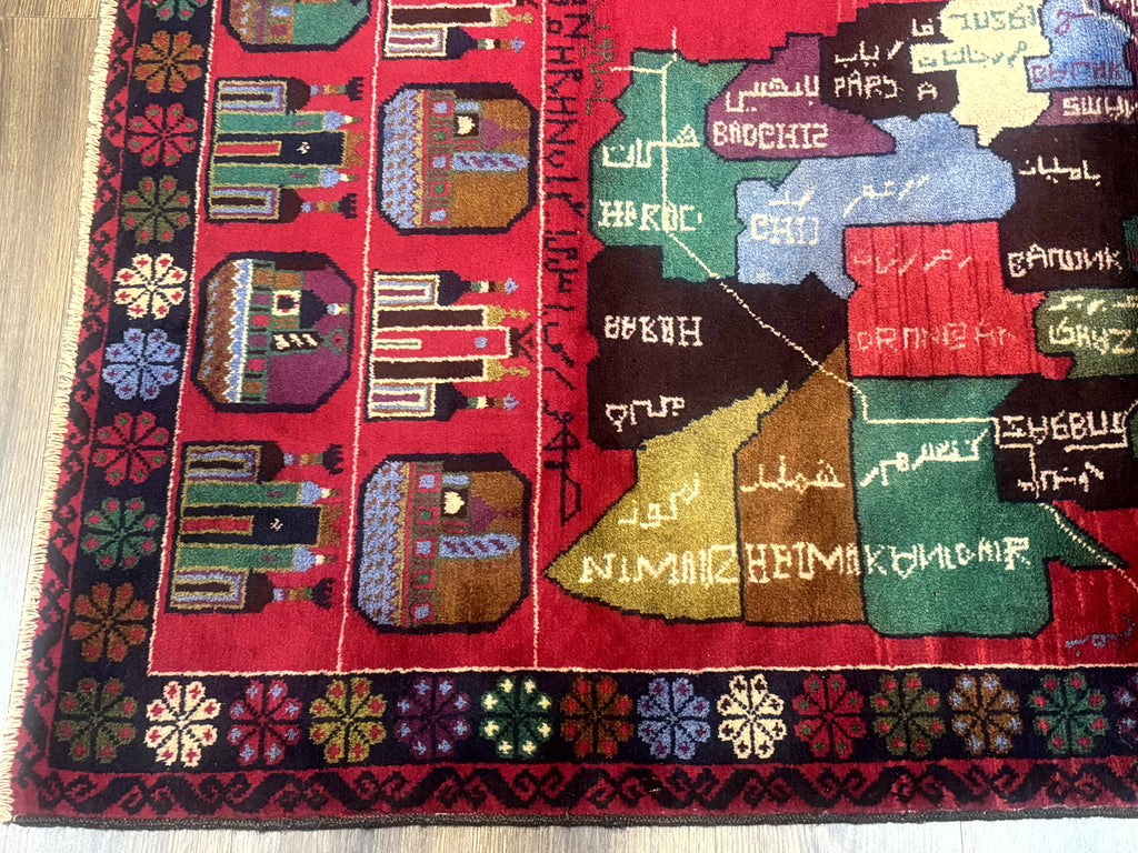 Afghan Rug 3x7, Map of Afghanistan, War Rug, Tribal Rug, Balouch Rug, New, Red