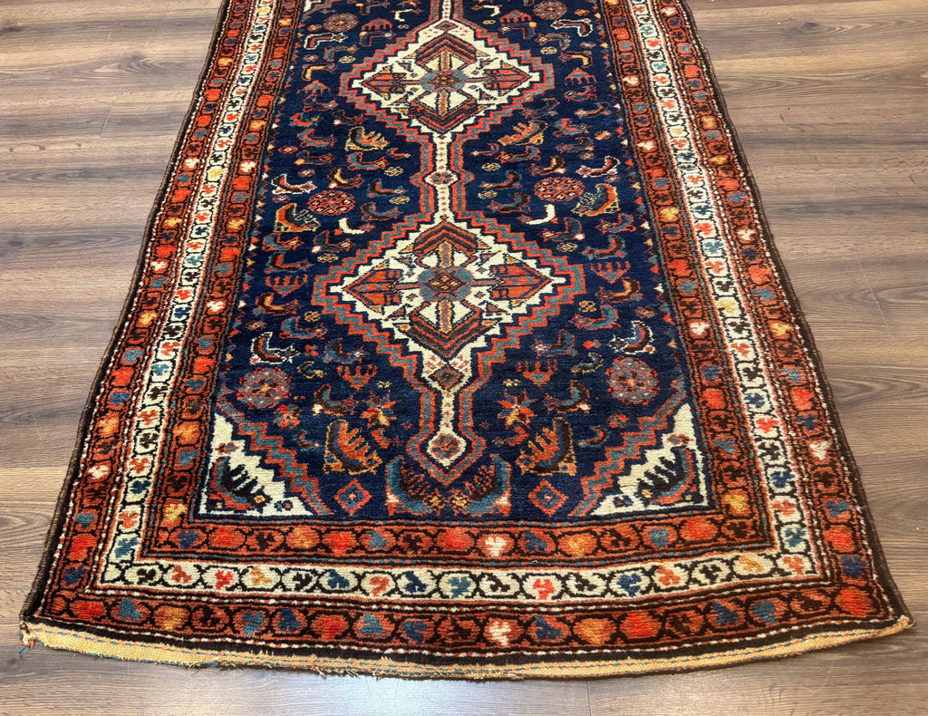Antique Persian Hamadan Rug 4x6, Geometric, Double Medallions, Navy Blue, Tribal Carpet