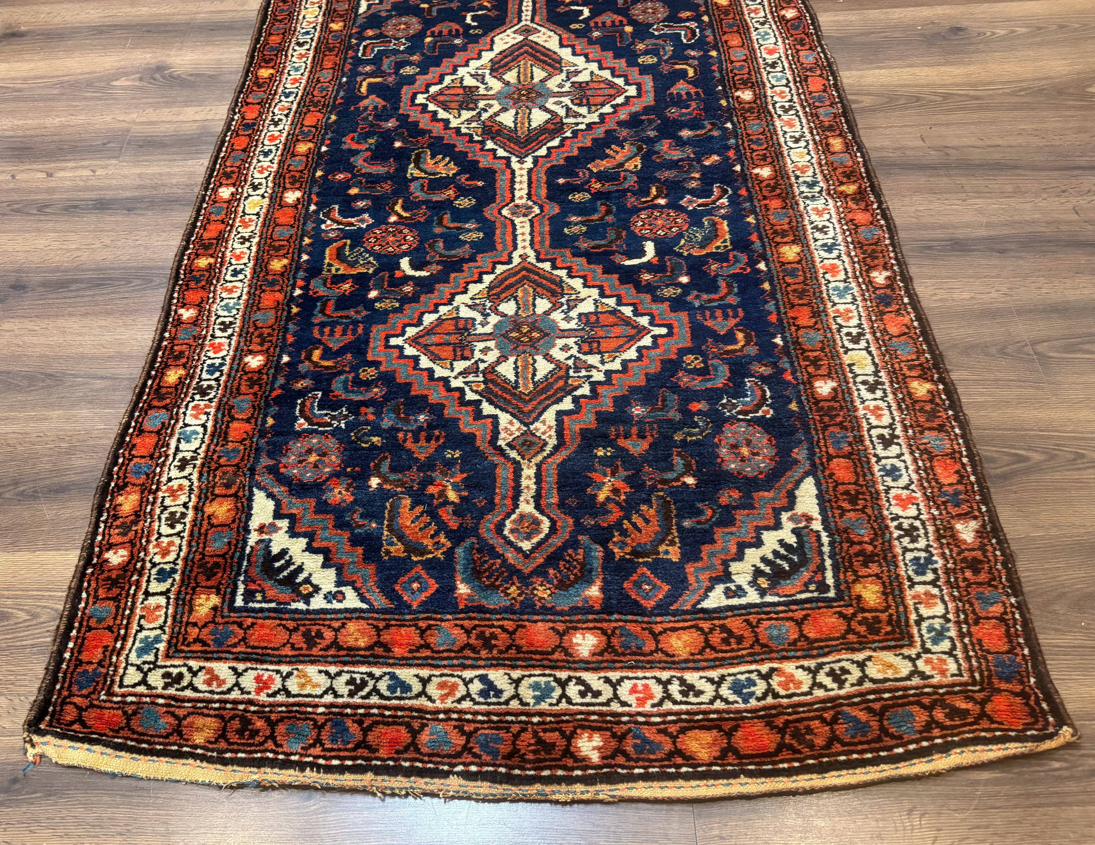 Antique Persian Hamadan Rug 4x6, Geometric, Double Medallions, Navy Blue, Tribal Carpet
