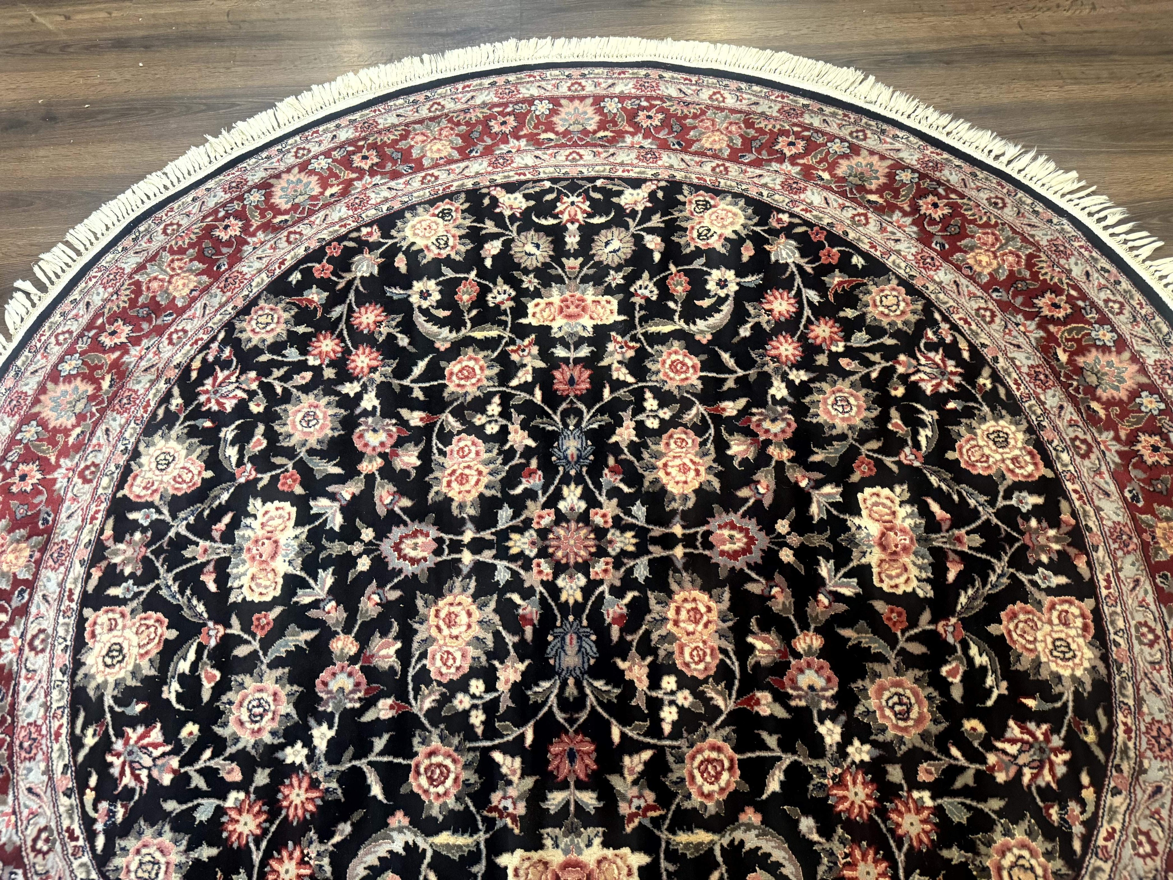 Round Sino Persian Rug 6x6, Floral, Navy Blue and Red, Wool and Silk Highlights