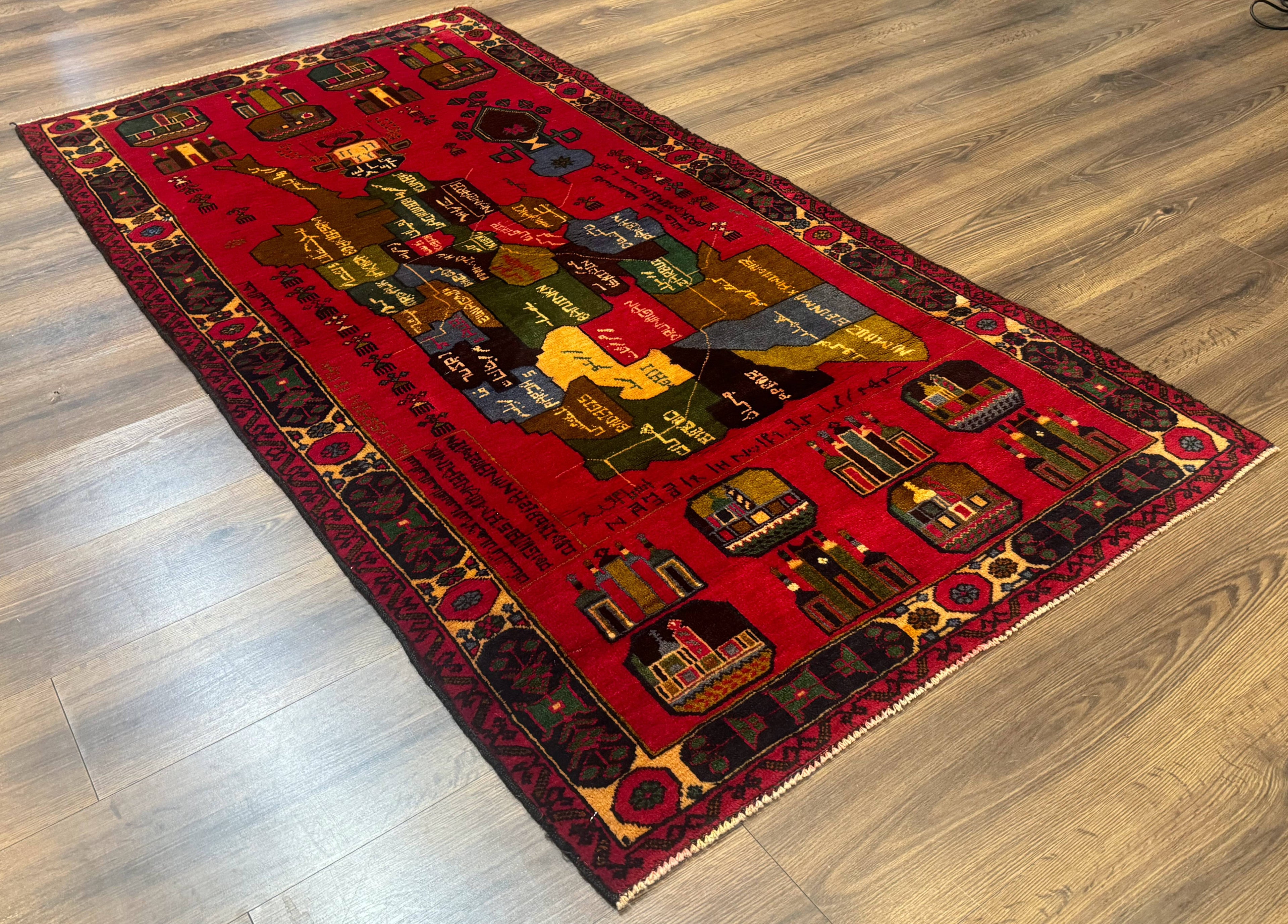 Red Afghan Balouch Rug 3x7, Tribal, Map of Afghanistan Depiction, Handmade, New