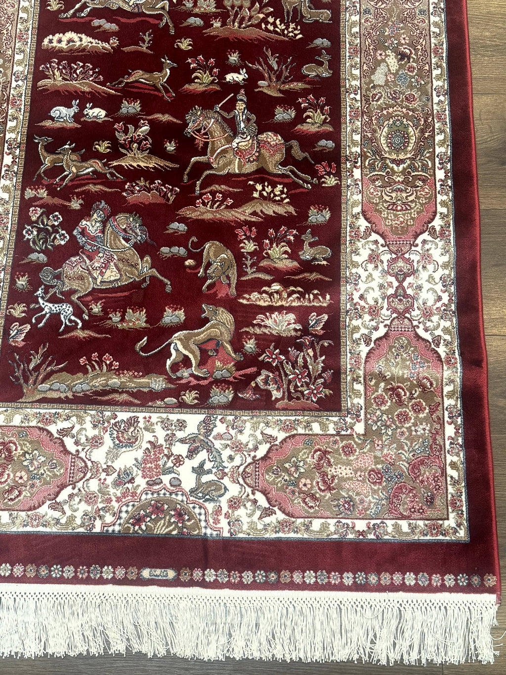 Turkish Silk Rug 3x5, Hunting Design, Dark Red & Ivory, Bamboo Silk, New