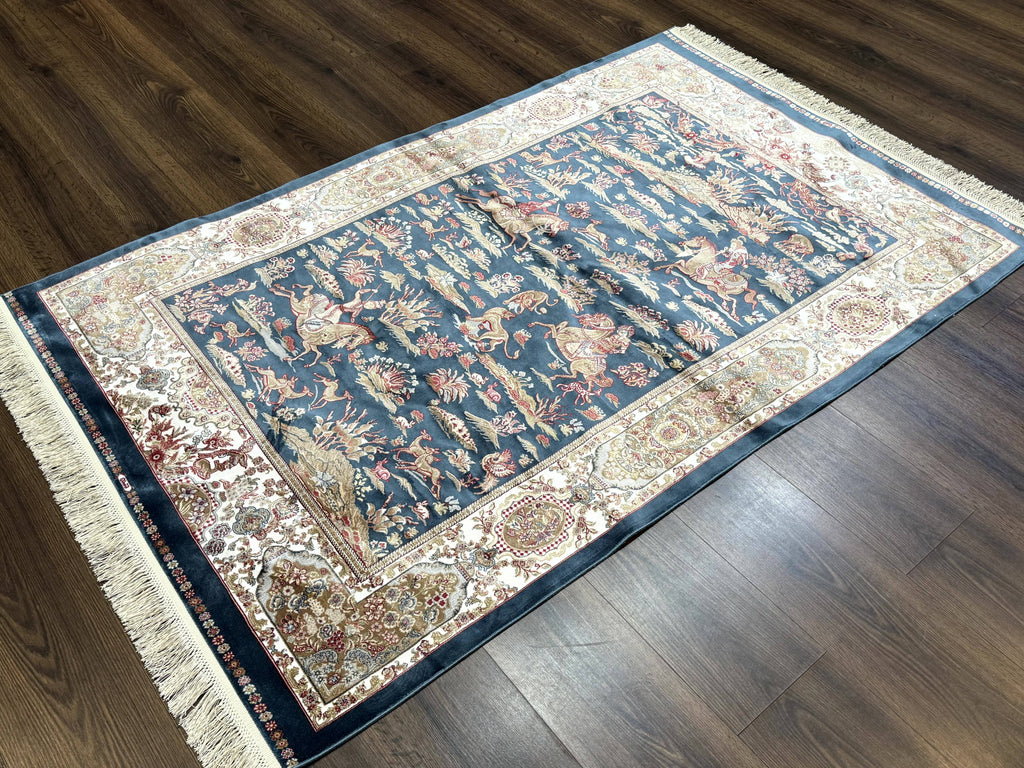 Turkish Silk Hunting Design Rug 4x6, Dark Steel Blue & Ivory, Bamboo Silk, New