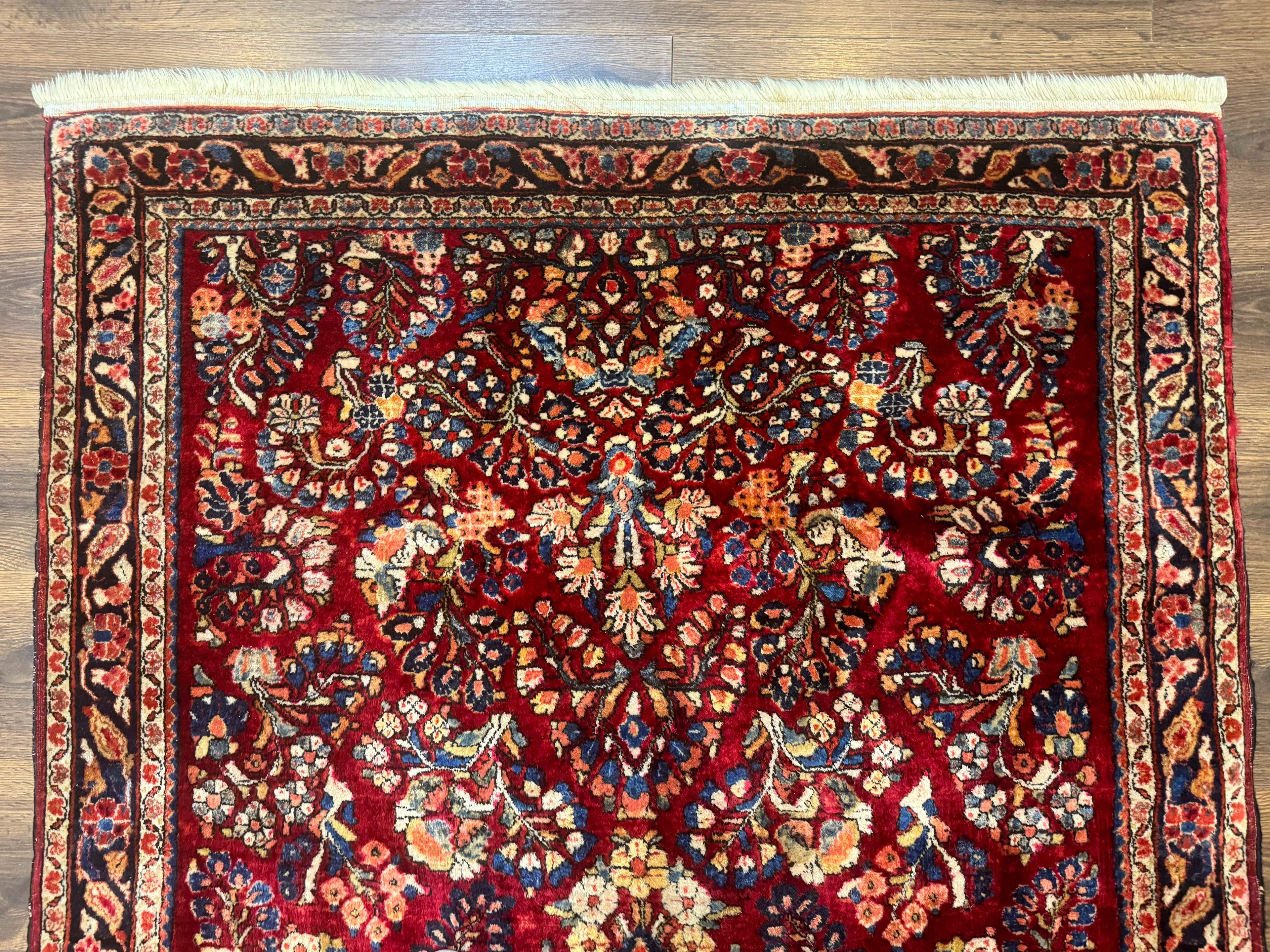 Antique Persian Sarouk Rug 4x6, Floral, Red, Wool Hand Knotted Fine 225 KPSI