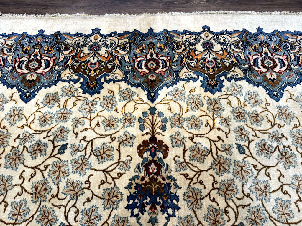 Persian Kashan Rug 9 x 12.6, Ivory and Blue, Floral Medallion, Wool Hand Knotted Semi Antique Carpet