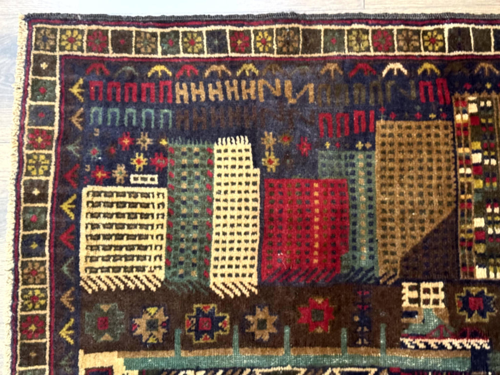 Balouch Rug 3x5, Afghan Carpet, City Pictorial