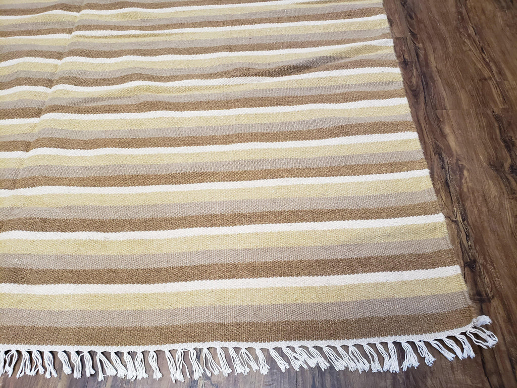 Indian Striped Blanket 6x9, Large Indo Kilim Area Rug, Earthern Tones Woolen Hand-Woven Flatweave South American Style Queen Size Bedspread