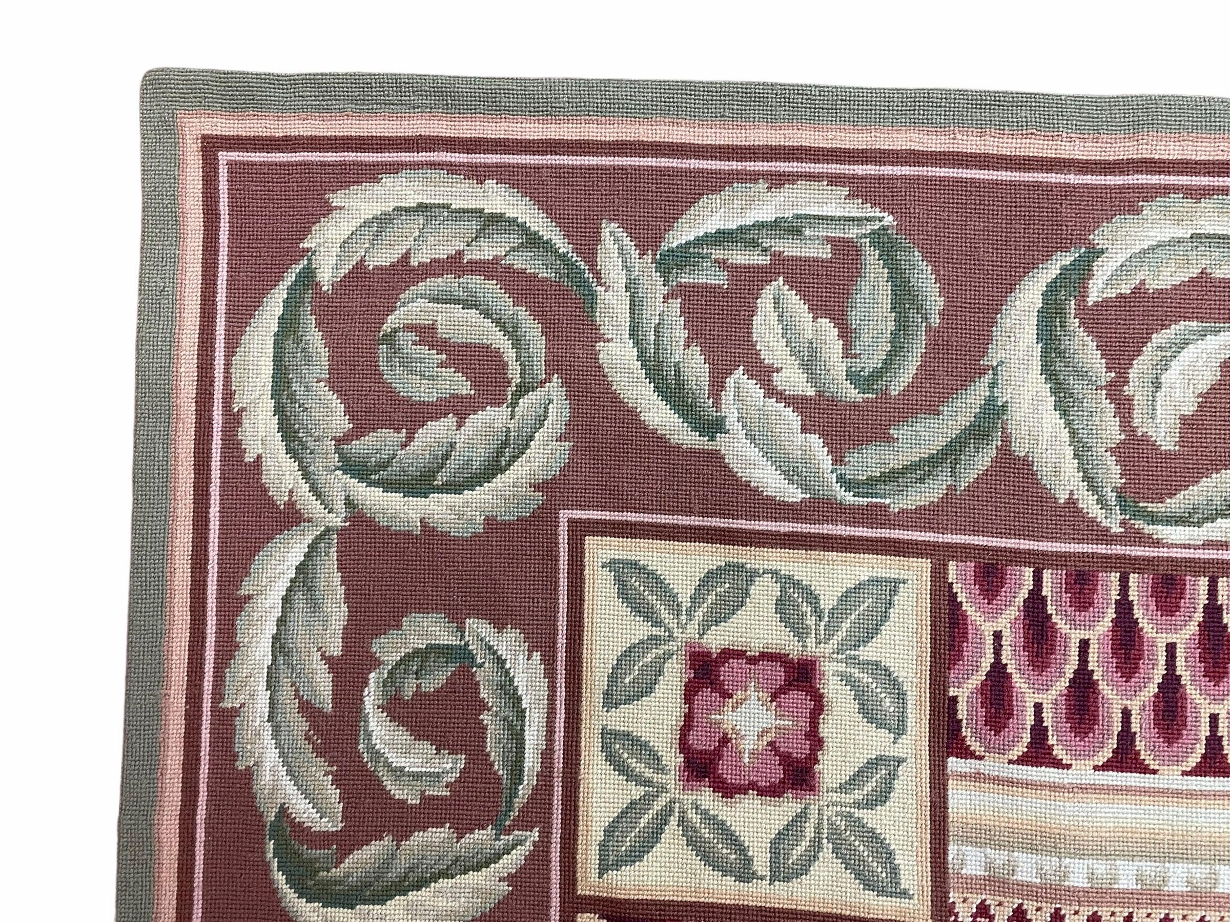 Aubusson Needlepoint Rug 9x12, Flatweave Carpet, Leaves, Wool, New, Handmade