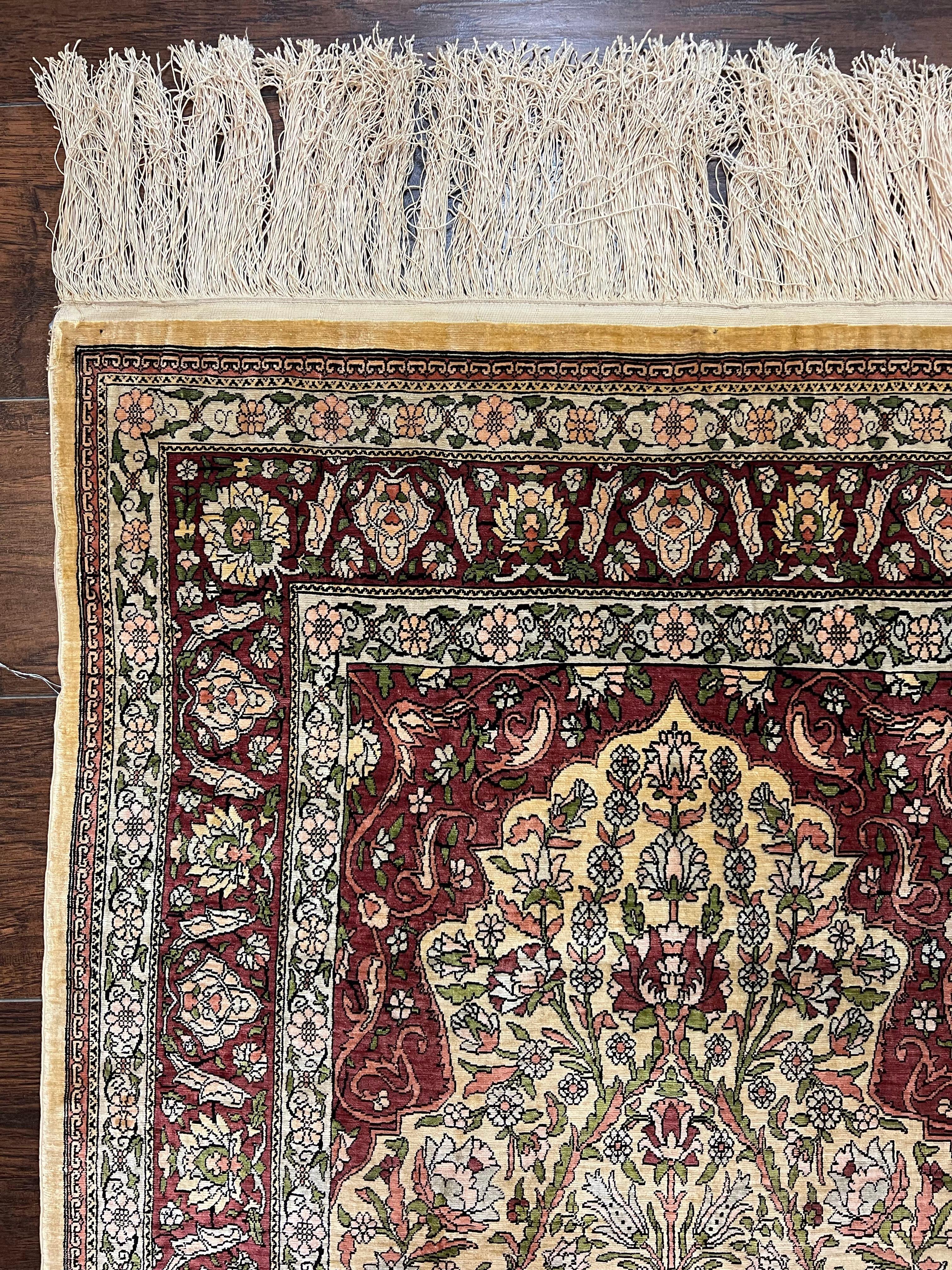 Wonderful Silk Turkish Hereke Prayer Rug 2.8 x 4.5, Tree of Life Design, Signature from Master Weaver, Gold and Burgundy, Handmade, 625 KPSI