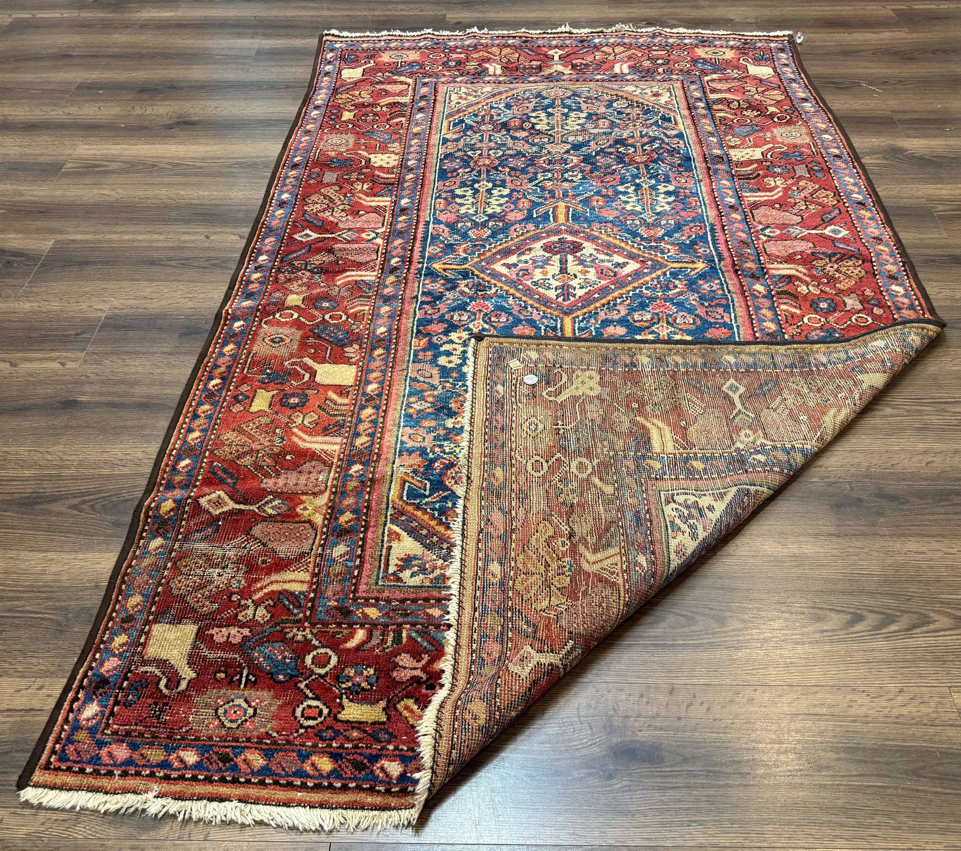 Antique Persian Rug 4x7, Blue and Red Malayer Carpet, Rare