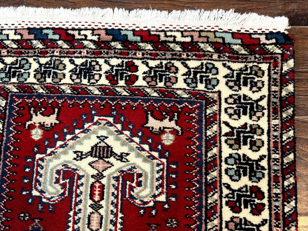 Indo Persian Runner Rug 2.6 x 12, Heriz Geometric Caucasian Design, Animal Pictorials, Tribal Runner Rug, Vintage Handmade Wool Red