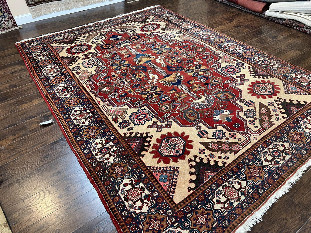 Antique Persian Heriz Rug 8x12 ft, Geometric Tribal Room Sized Carpet, Camel Hair Red Navy Blue, Wool Hand Knotted Medallion Oriental Carpet