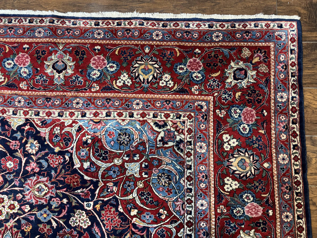 Navy Blue Persian Rug 9x12, Antique Persian Carpet, Kork Wool, 200 KPSI, Persian Kashan Rug